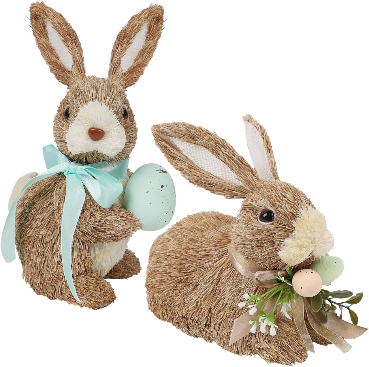 Set of 2 Easter Decorations Bunny Figurines with Eggs, Spring Straw Rabbit Tabletop Decor, Rustic Sisal Bunny Statues Springtime Decor for Home Table Office Kitchen Farmhouse